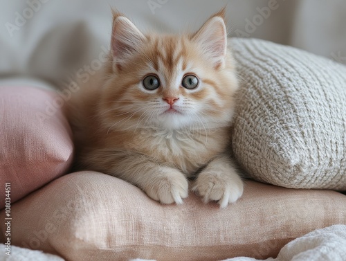 Cozy Kitten Bliss, a fluffy kitten nestles atop a colorful stack of pillows, exuding a serene and playful charm amidst soft textures.