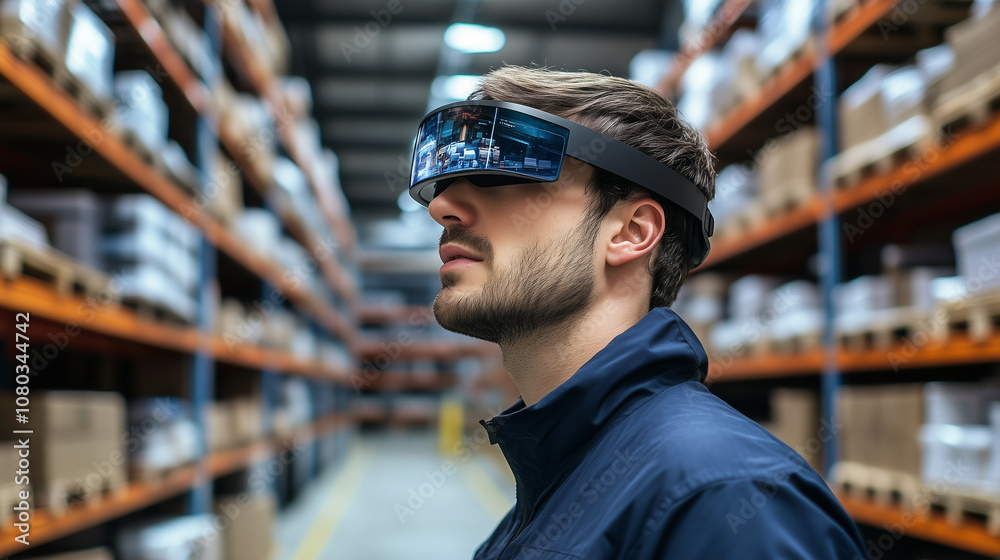A futuristic warehouse worker wearing AR glasses scans packages, with holographic displays showing item details, location, and optimal picking path in a highly organized, modern wa A futuristic warehouse worker wearing AR glasses scans packages, with holographic displays showing item details, location, and optimal picking path in a highly organized, modern wa