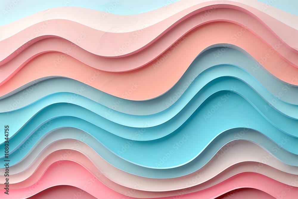 Abstract layered wave pattern in pink, blue, and peach colors. Abstract layered wave pattern in pink, blue, and peach colors.