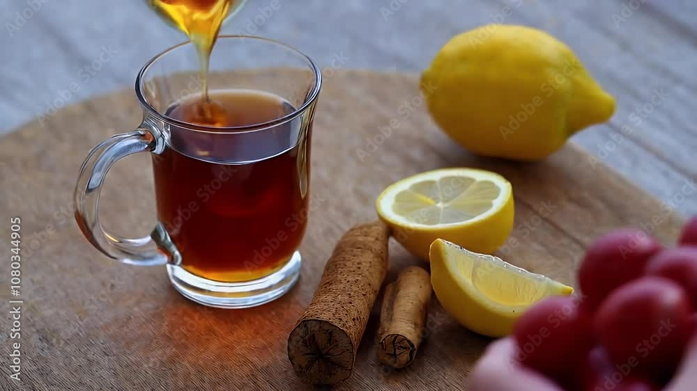 A cup of tea with lemon and cinnamon sticks, perfect for a cozy winter day. A cup of tea with lemon and cinnamon sticks, perfect for a cozy winter day.