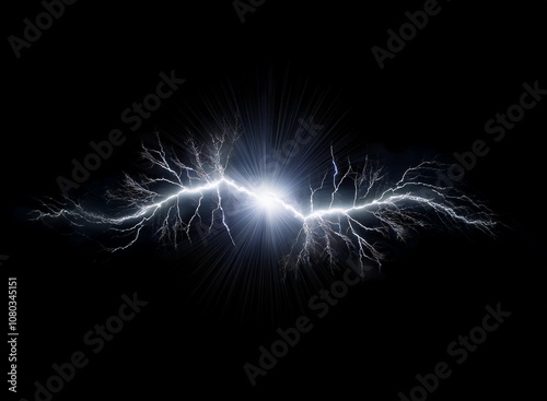 A white lightning bolt flashes across a black background with a bright glow emanating from the center. photo