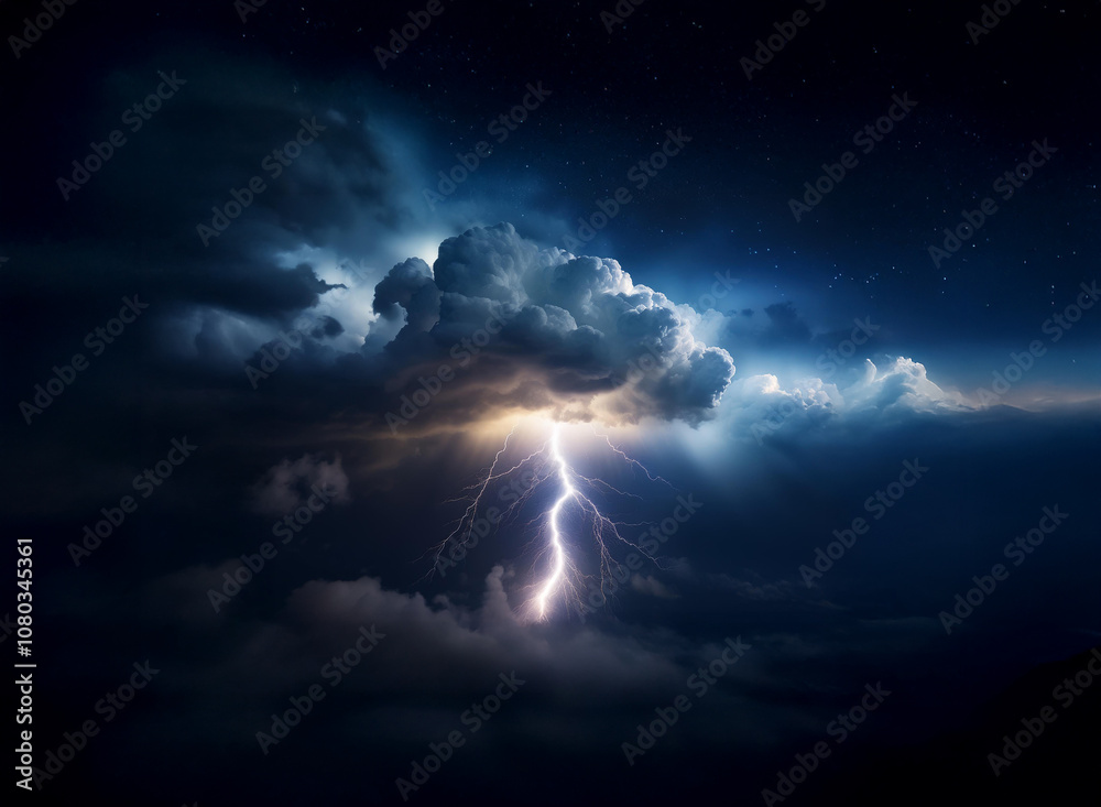 A single lightning bolt illuminates the dark sky, piercing through thick storm clouds, with stars glimmering in the distance. A single lightning bolt illuminates the dark sky, piercing through thick storm clouds, with stars glimmering in the distance.