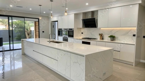 Engineered stone benchtops in a modern kitchen with sleek, minimalist design, showcasing refined surfaces and contemporary style.

