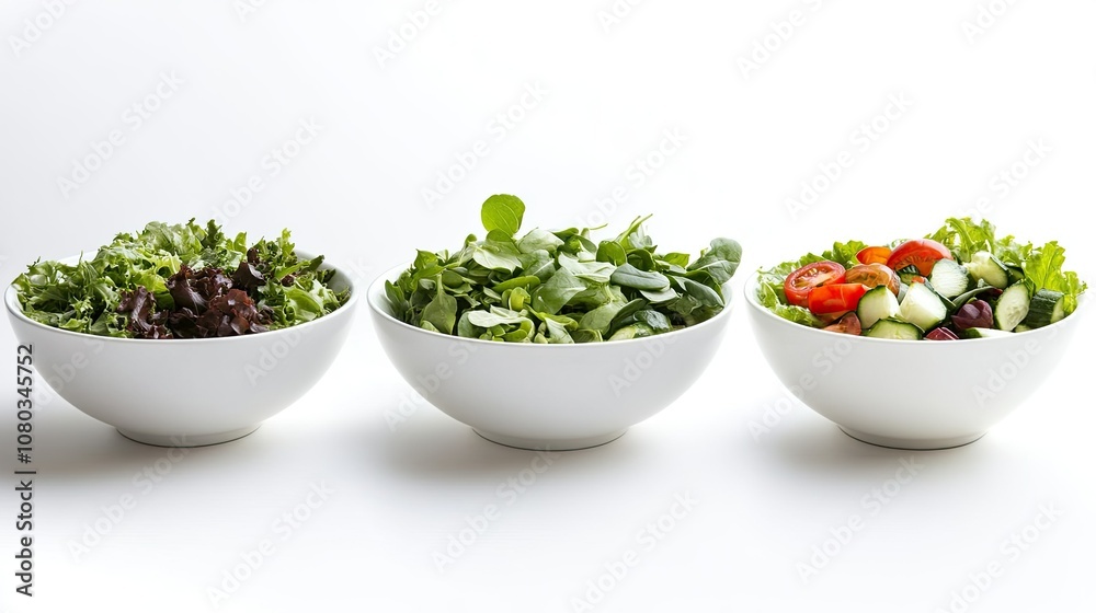 Fresh and Vibrant Salad Bowls with Leafy Greens, Tomatoes, Cucumbers, and Mixed Herbs against a Clean White Background for Healthy Eating Promotion Fresh and Vibrant Salad Bowls with Leafy Greens, Tomatoes, Cucumbers, and Mixed Herbs against a Clean White Background for Healthy Eating Promotion