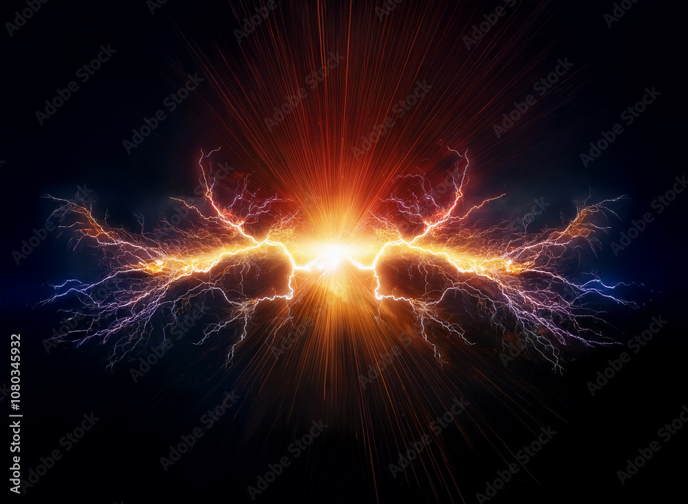 A bright, glowing, and intense burst of energy explodes with bright light and lightning strikes. A bright, glowing, and intense burst of energy explodes with bright light and lightning strikes.