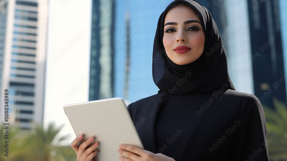 An Arabic businesswoman wearing business attire, holding a digital tablet outdoors, framed by a corporate high-rise background and open copy space.