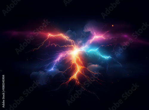 A cosmic display of vibrant lightning streaks across a dark backdrop, with glowing clouds and a swirling energy field.