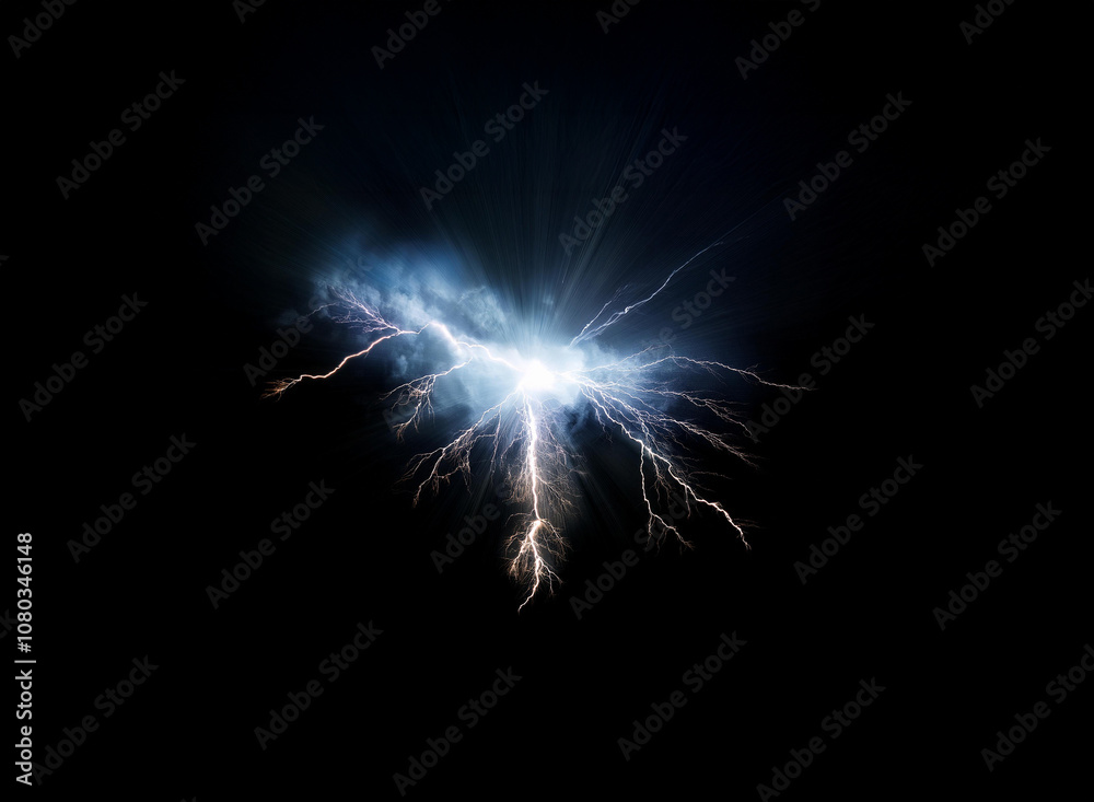Fototapeta premium A bright blue and white energy burst in the shape of a butterfly against a dark background.