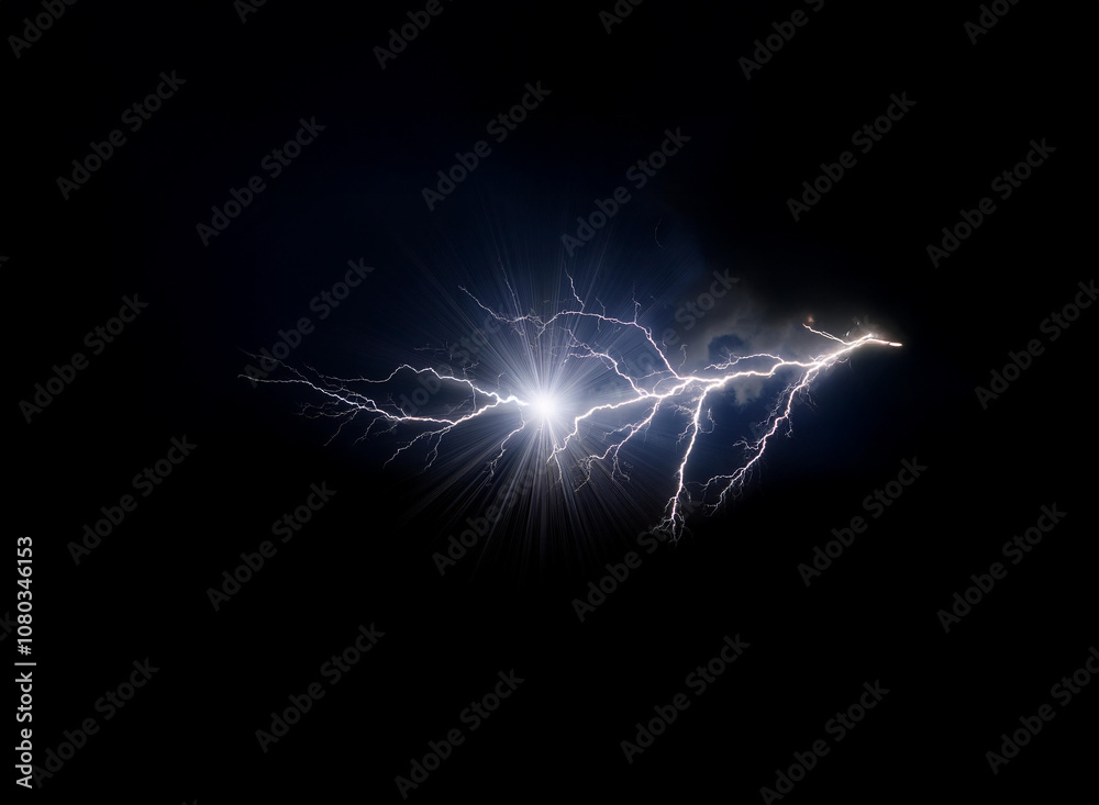 A bright white lightning bolt streaks across a dark blue sky, illuminating the night with its electric energy. A bright white lightning bolt streaks across a dark blue sky, illuminating the night with its electric energy.