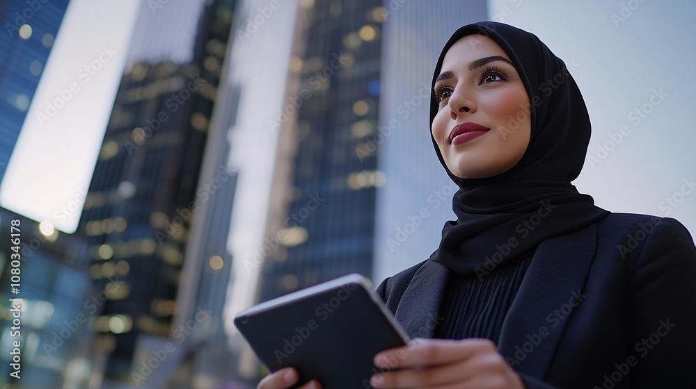 A young professional woman in a hijab outdoors at an office plaza, using her tablet with a determined expression, set against a large modern building for ample copy space. A young professional woman in a hijab outdoors at an office plaza, using her tablet with a determined expression, set against a large modern building for ample copy space.