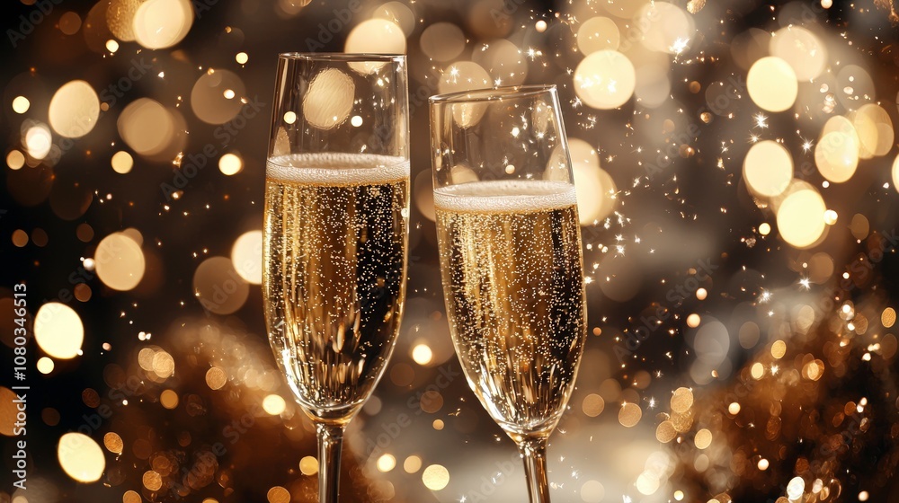 A set of two champagne glasses filled with sparkling liquid surrounded by golden bokeh lights, exuding a sense of elegance, sophistication, and joyous celebration. A set of two champagne glasses filled with sparkling liquid surrounded by golden bokeh lights, exuding a sense of elegance, sophistication, and joyous celebration.