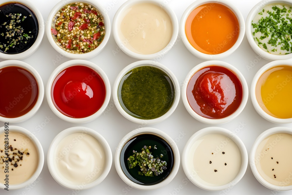 A variety of sauces and condiments in small bowls for culinary use. A variety of sauces and condiments in small bowls for culinary use.