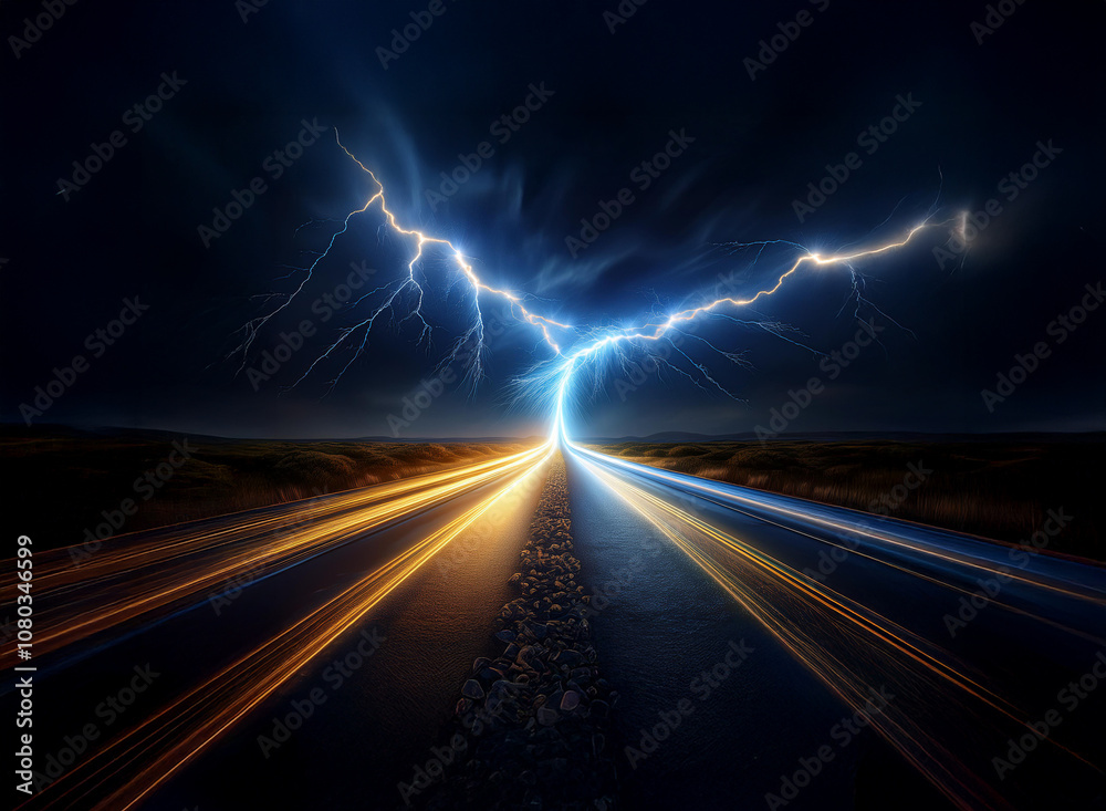 A long, straight road stretches out into the distance, splitting the night sky as lightning strikes down in the distance. A long, straight road stretches out into the distance, splitting the night sky as lightning strikes down in the distance.