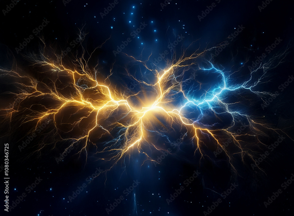 Two contrasting streams of electricity converge in a chaotic display against a dark background speckled with stars.