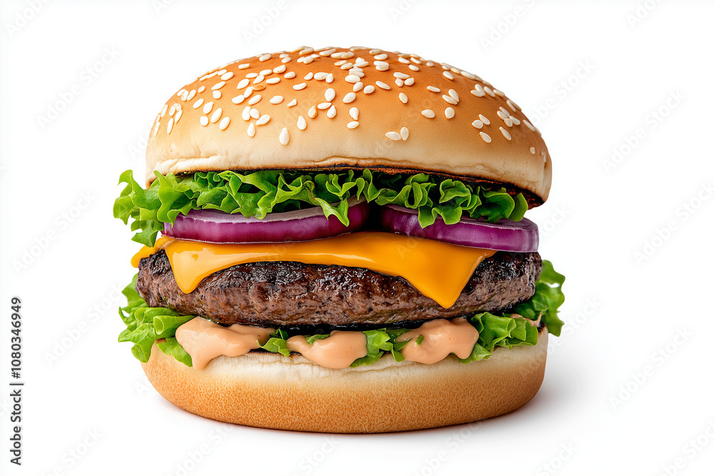 Street food burger with dripping cheese, bold colors, pop art style, isolated on white background Street food burger with dripping cheese, bold colors, pop art style, isolated on white background