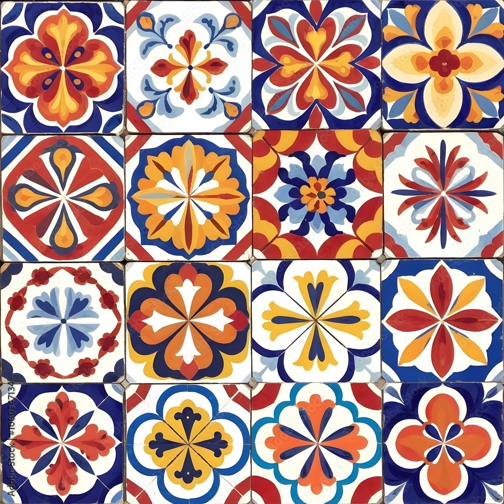 Vibrant and intricate mosaic of tiles, each with a unique and ornate design.