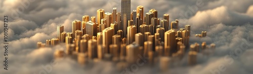 Golden city skyline emerging from the clouds  ethereal and majestic view.