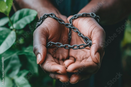 Close-up of hands holding black metal chains against a green, leafy background, symbolizing themes of struggle, freedom, and resilience. photo