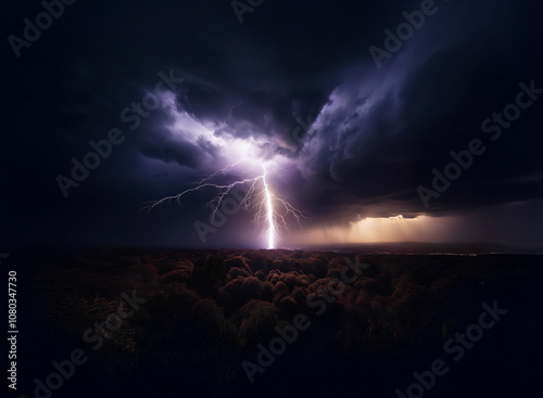 A single bolt of lightning strikes a dark, stormy sky above a distant forest.