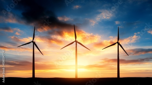 Wind turbines at sunset, generating clean energy for a sustainable future. explore the power of renewable energy with this stunning landscape.