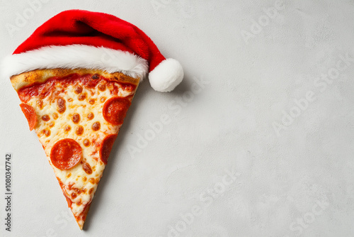 floating a Slice of pizza wearing a festive Santa hat on a white isolate background