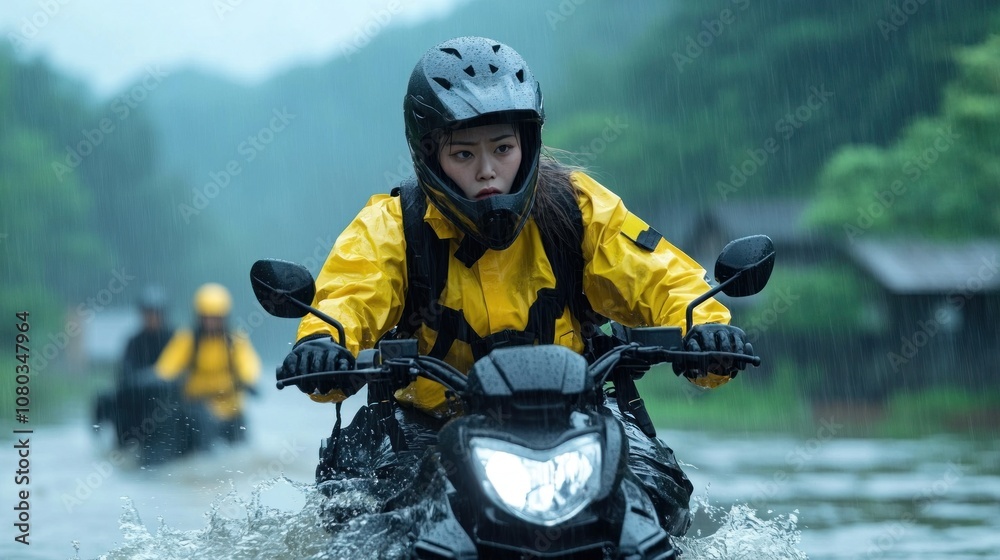 A person riding a motorcycle through a flooded area in rain gear. A person riding a motorcycle through a flooded area in rain gear.
