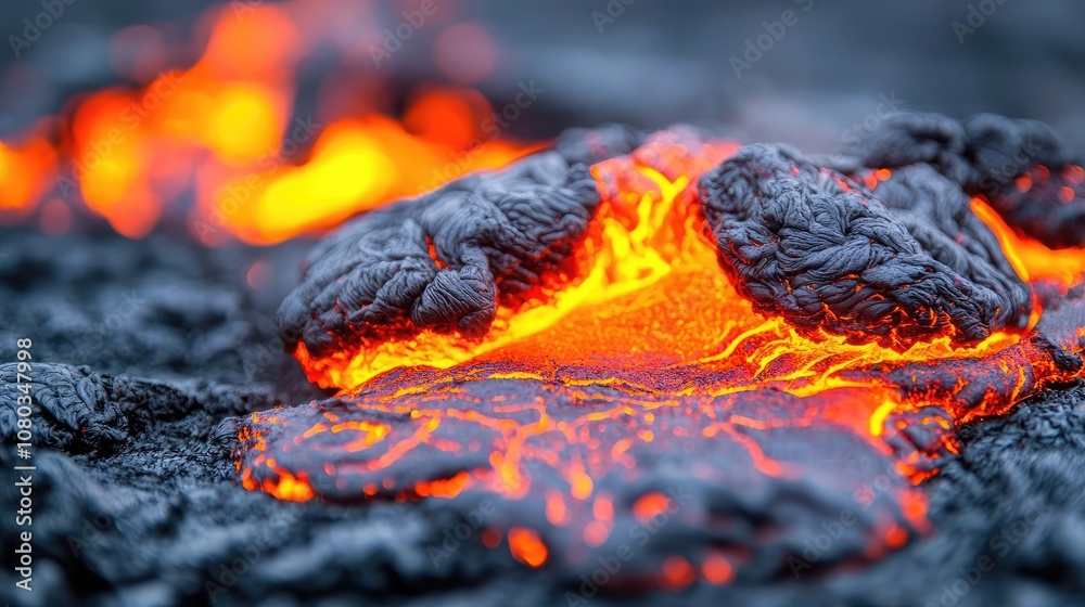 Close-up of lava flow showcasing vibrant orange and textured black surface. Close-up of lava flow showcasing vibrant orange and textured black surface.