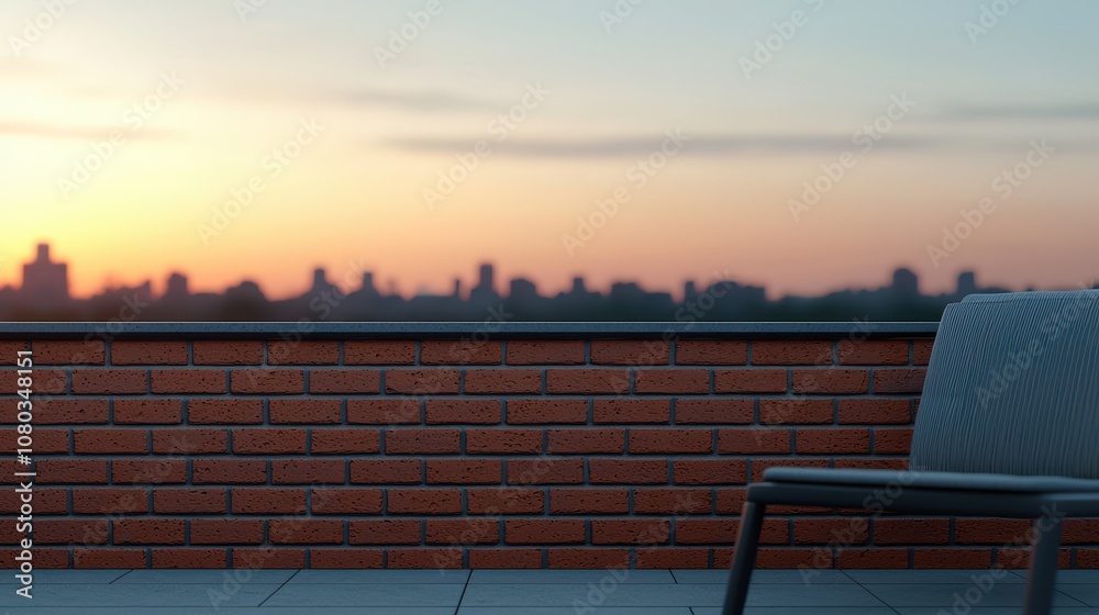 Fototapeta premium Serene Outdoor Balcony View at Sunset with a Modern Chair and Urban Skyline Silhouette in the Background Creating a Relaxing Atmosphere