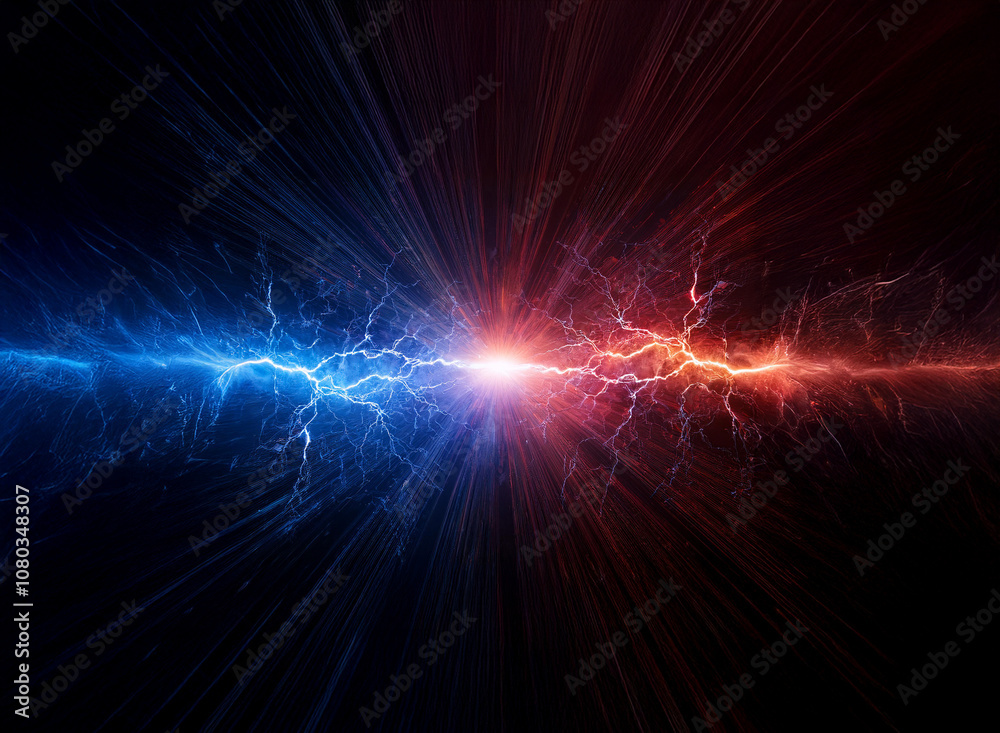 Abstract image of blue and red lightning clashing in the center of the frame against a black background. Abstract image of blue and red lightning clashing in the center of the frame against a black background.