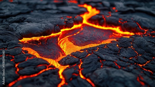 Lava flow on volcanic surface showcasing vibrant orange and dark textures.