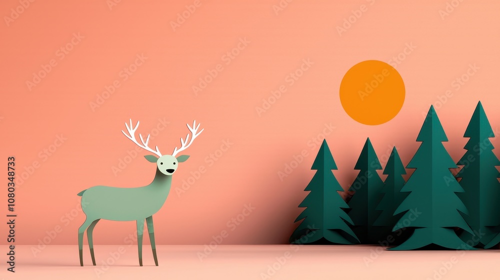 Playful Paper Cutout Scene Featuring a Charming Deer Among Stylized Pine Trees Under a Warm Orange Sun with a Soft Coral Background