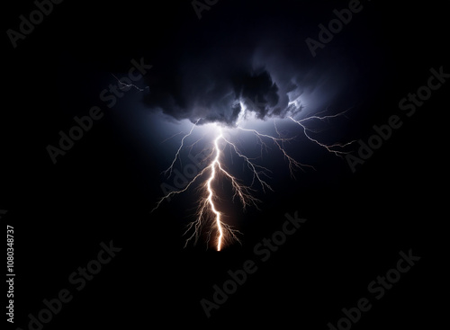 A single bolt of lightning streaks through a dark, stormy sky. photo