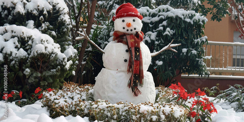 Winter Snowman with Hat and Scarf Among Snowy Trees and Bright Red Berries
