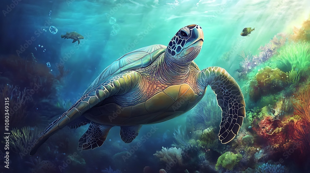 Fototapeta premium A vibrant underwater scene featuring a turtle swimming among colorful coral and fish.