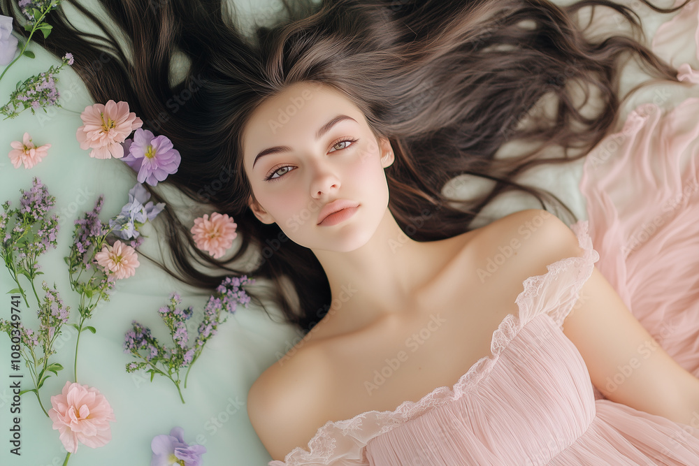 A Calm Moment of Tranquility A Woman in a Pink Dress Lying Amidst Pastel Flowers on a Soft White Blanket, Bathed in Gentle Lighting.