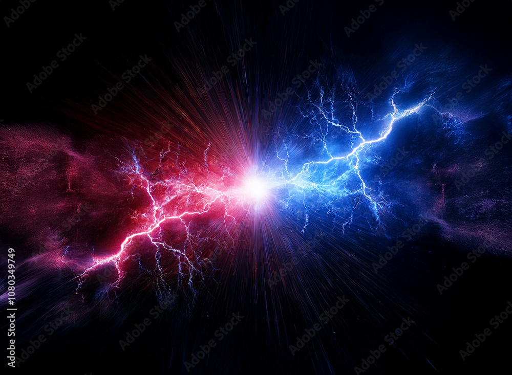 Two streaks of lightning, one red and one blue, clash in the center of a black background. Two streaks of lightning, one red and one blue, clash in the center of a black background.