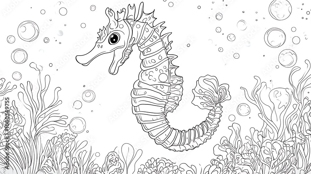 A detailed line art of a seahorse surrounded by bubbles and aquatic plants, ideal for coloring. A detailed line art of a seahorse surrounded by bubbles and aquatic plants, ideal for coloring.