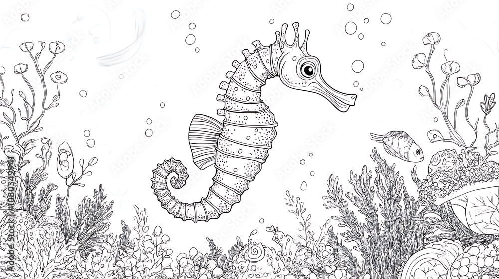 A whimsical seahorse swims among underwater plants and bubbles in a black-and-white coloring page. A whimsical seahorse swims among underwater plants and bubbles in a black-and-white coloring page.