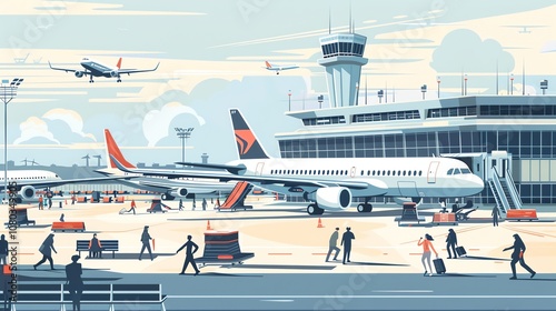 An illustration of an airport with airplanes and people.