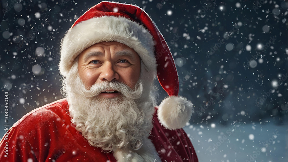 Portrait of a cute Santa Claus in close-up, outdoors at the North Pole. It is snowing, adding fabulousness and magic. Portrait of a cute Santa Claus in close-up, outdoors at the North Pole. It is snowing, adding fabulousness and magic.