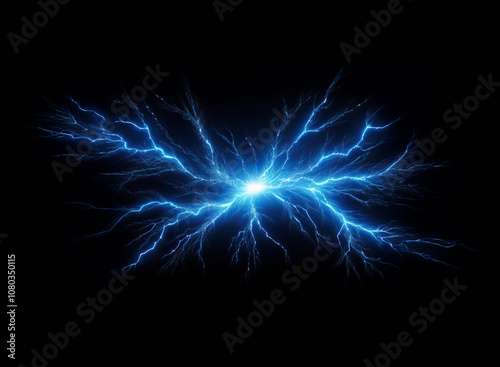 A bright blue electric discharge bursts from a central point, extending outward in a chaotic, branching pattern against a black background.