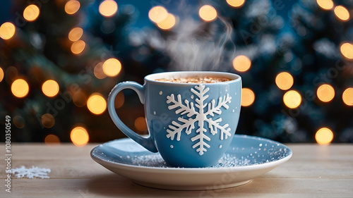 A mug with snowflakes with hot cocoa or coffee on the table. The drink is steaming. A cozy photo in soft, warm white and blue tones. The concept of harmony and comfort of Christmas and winter.