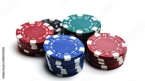 Stacked Poker Chips in Various Colors on a White Background for Gambling and Casino Theme Visuals, Ideal for Game Nights and Betting Promotions