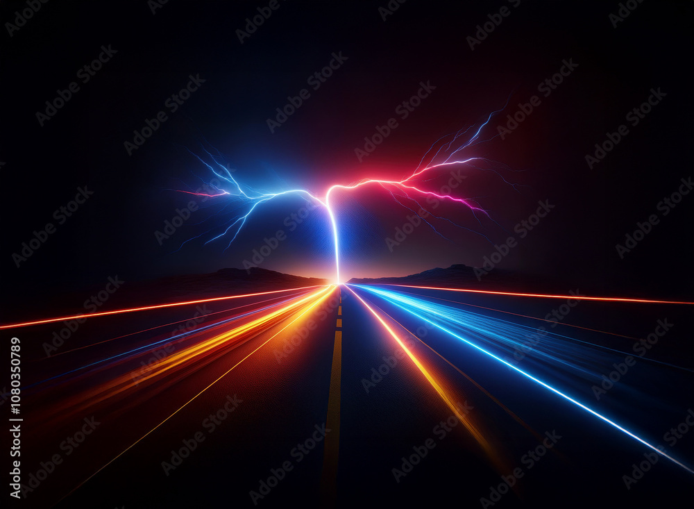 A long, straight road stretches towards a horizon where two lightning bolts, one blue and one red, strike down. A long, straight road stretches towards a horizon where two lightning bolts, one blue and one red, strike down.