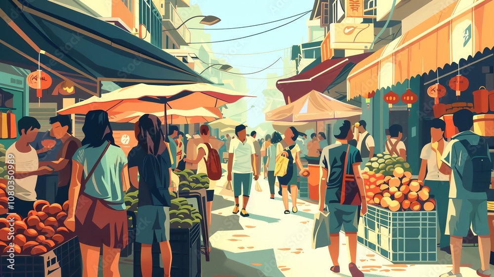 A cartoon illustration of a busy market in a city.