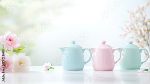 Delicate Pastel Teapots on a Light Background Surrounded by Beautiful Blossoms for Elegant Tea Party Decor and Stylish Table Settings