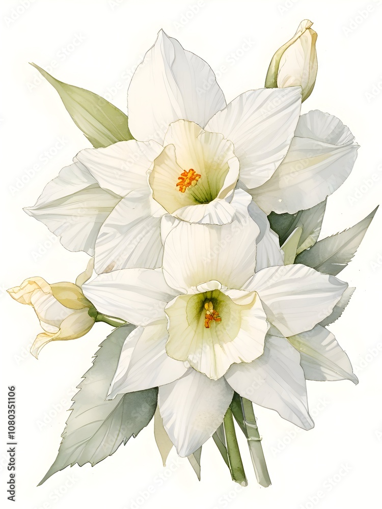 Fototapeta premium White Daffodil Watercolor Flower Nature Art