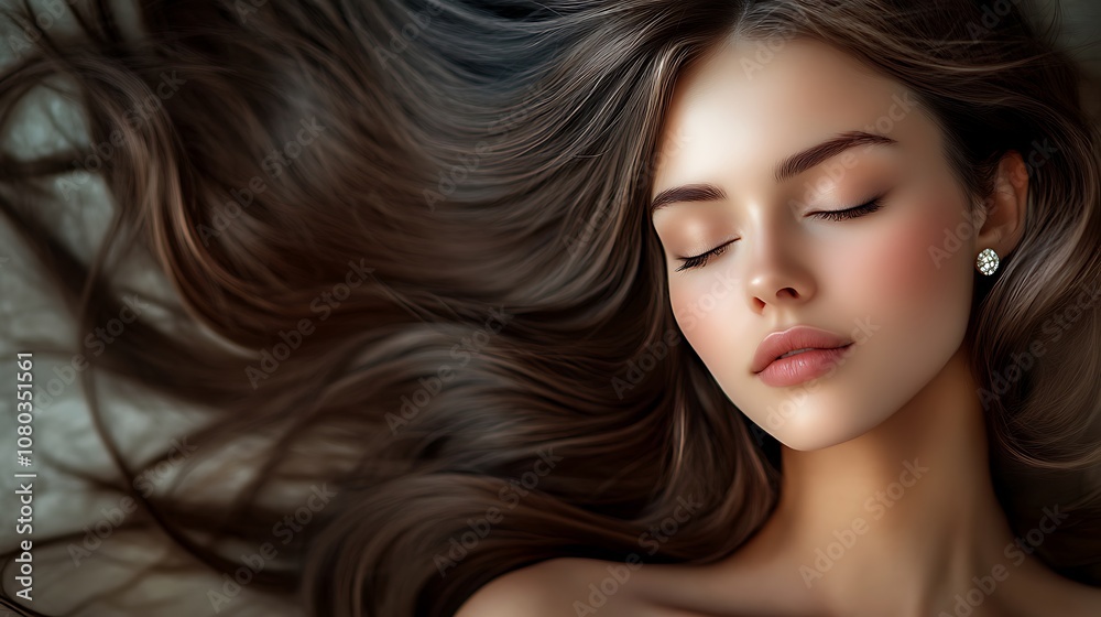 Obraz premium A serene portrait of a young woman with flowing hair, exuding tranquility and beauty.