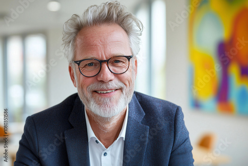 A senior businessman with confident smile, dressed in stylish suit, exudes professionalism and warmth in modern office setting. His gray hair and glasses add to his distinguished appearance, making hi