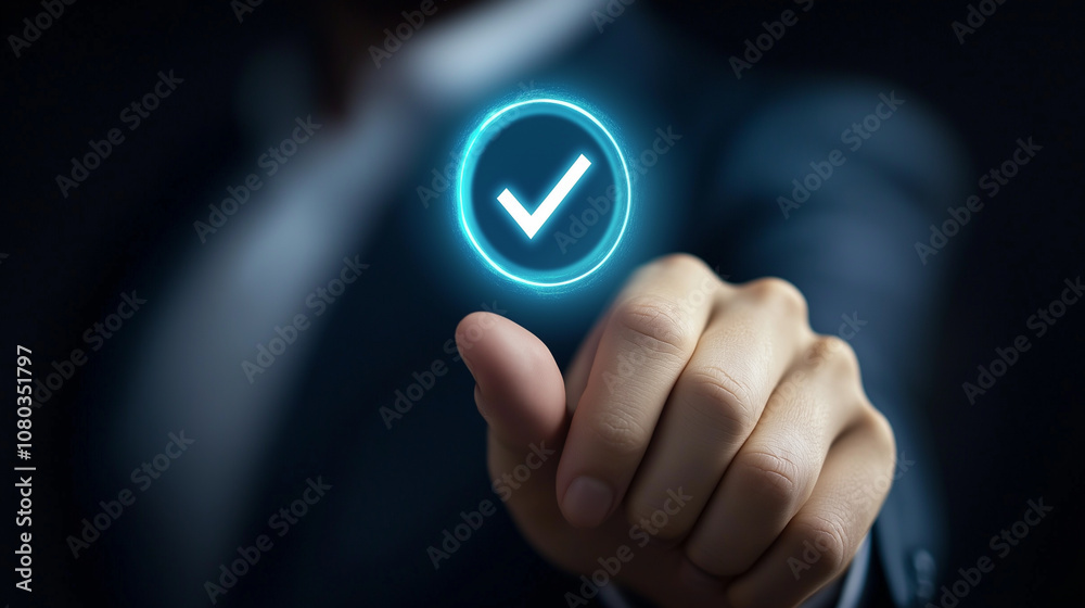 Close-up of a blue Quality Control Icon - blue check mark,
Close-up of a blue Quality Control Icon - blue check mark,